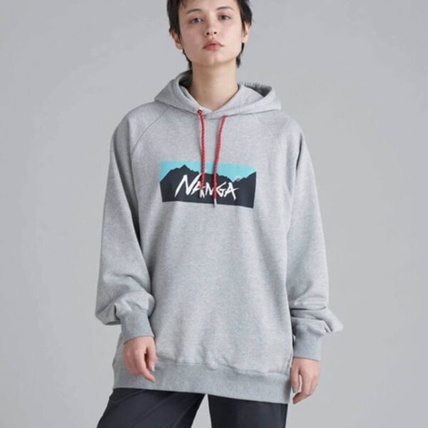 NANGA Eco Hybrid Box Logo Hoodie - Light Grey / Turquoise