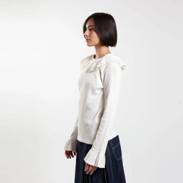 BEAMS BOY Rib Ruffle Gathered LS Tshirt