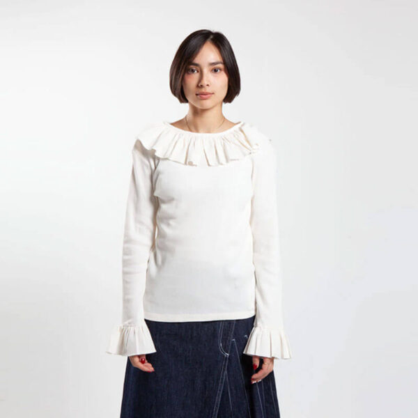 BEAMS BOY Rib Ruffle Gathered LS Tshirt