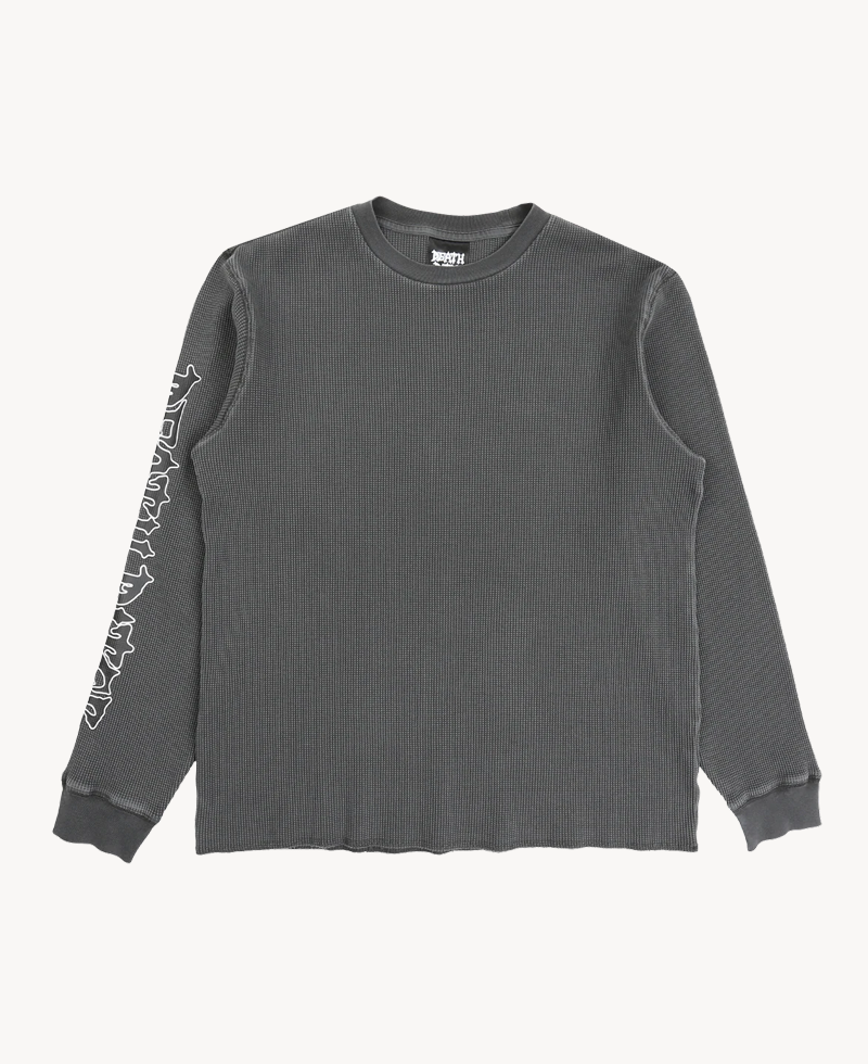 DEATH RITES Scrip Waffle Knit Top – Black Garment Dye DEATH RITES Scrip Waffle Knit Top – Black Garment Dye