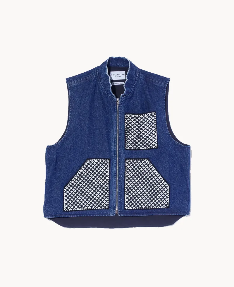 NOMARHYTHM Hand Beaded Work Vest – Indigo (3) NOMARHYTHM TEXTILE Check Small Flower Embroidery Shirt – Pink