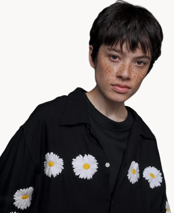 NOMARHYTHM TEXTILE Flower Embroidery Open Collar SS Shirt Gray