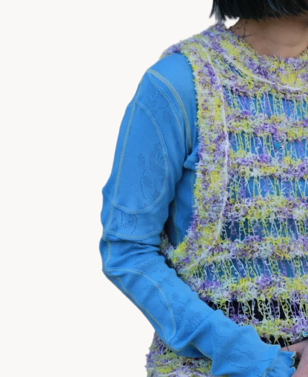 RHODOLIRION Color Stitching Long Sleeve Tee - Eyelet Jersey Light Blue