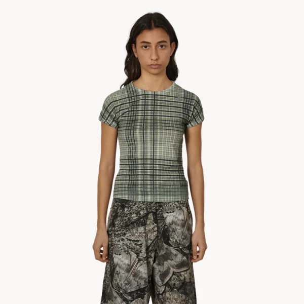 ROA Taba Printed Check Baby Tee – Sage Green