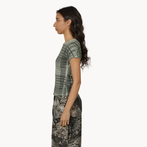 ROA Taba Printed Check Baby Tee – Sage Green